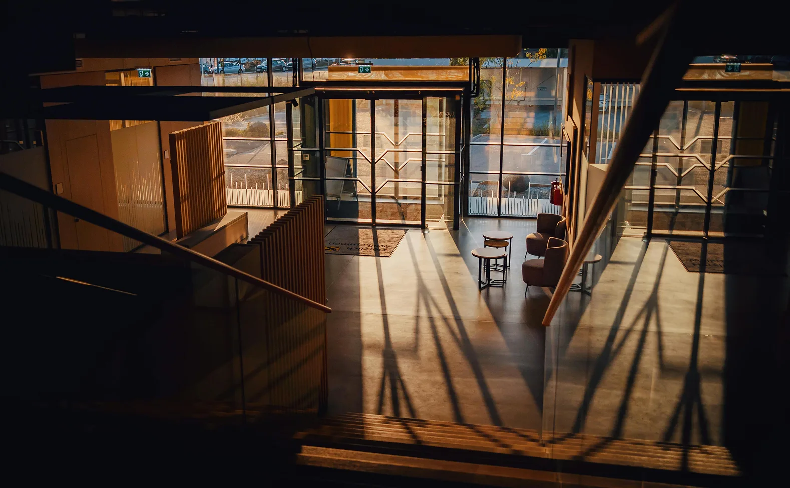 Modern hotel lobby interior with warm natural light